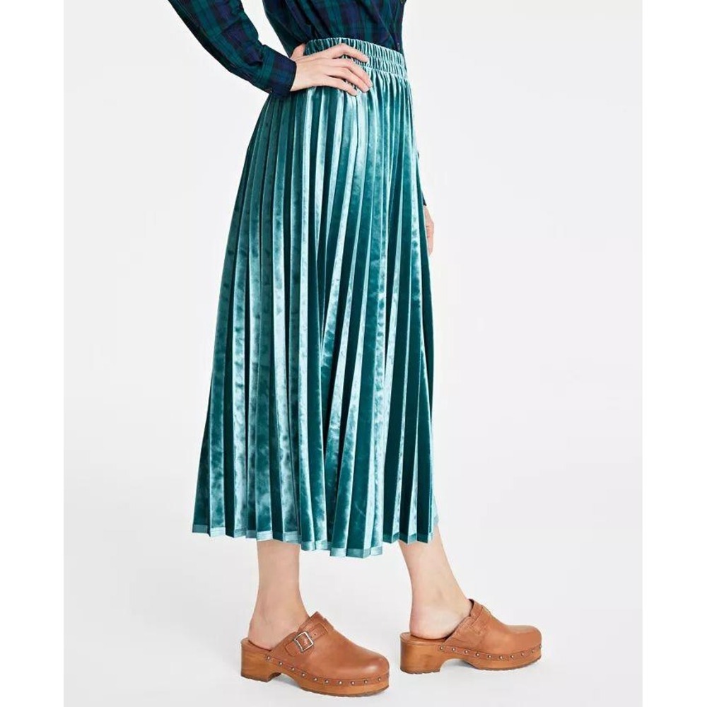 On 34th Velvet Pleated Midi Skirt M Emerald Green Elastic Waist Modest Spring - Picture 3 of 11